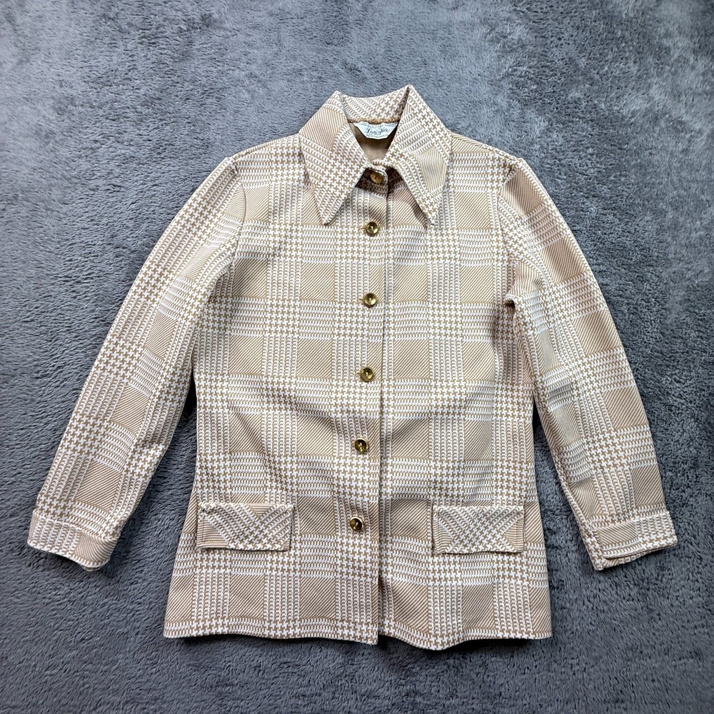 Vintage 70s Lady Blair Houndstooth Glen Plaid Blazer Jacket White Gold Buttons